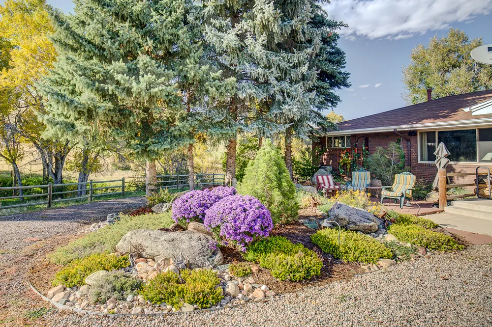 Finished backyard landscape with lawn, planting beds and boulders