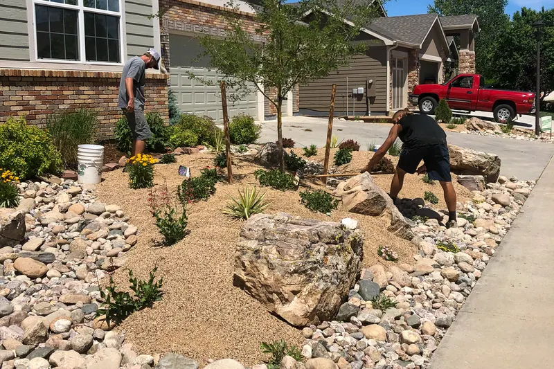 Meglen's crew setting boulders and plants in a new front-yard xeriscape