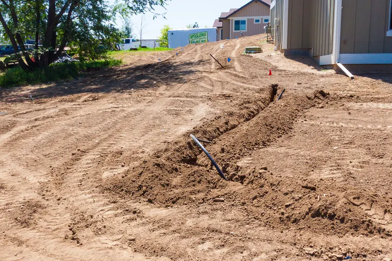 Yard graded and trenched for irrigation before planting